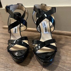 Jimmy Choo Black patent leather strappy platform heel sandal